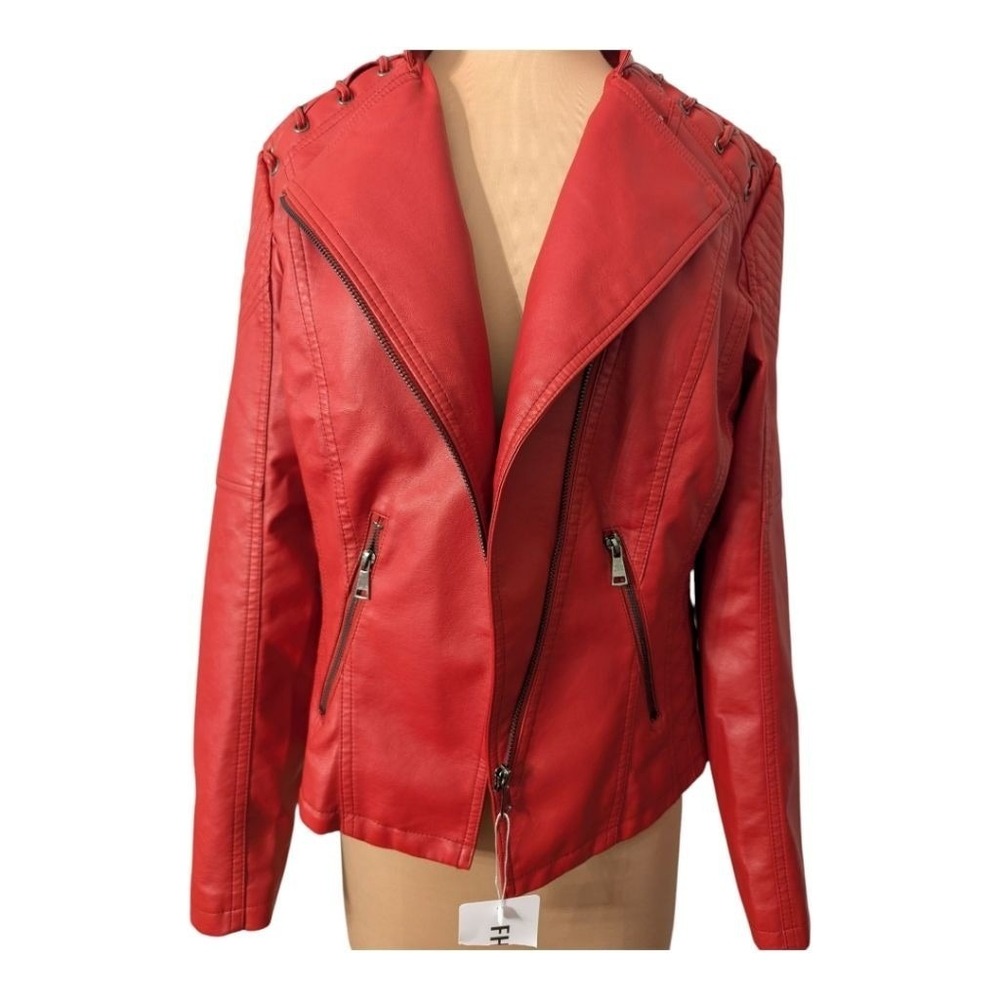 Red Moto Biker Jacket Lace Up Quilted Vegan Leather Measures Sz L Bikercore NWT